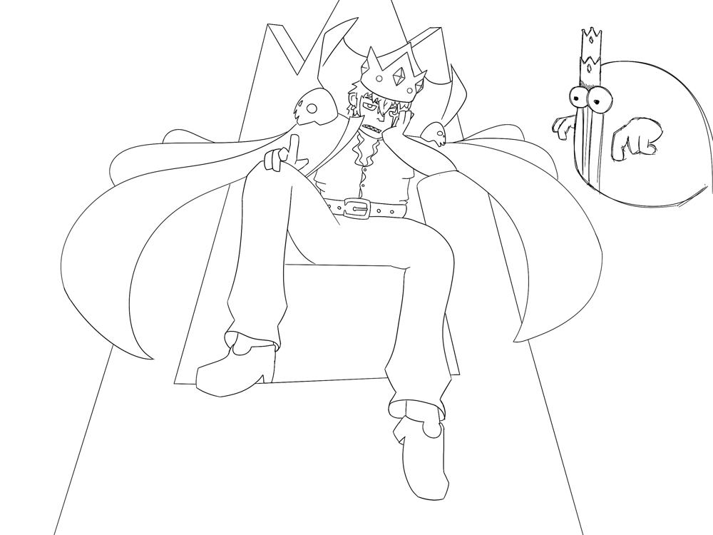 Line drawing of a crowned figure lounging on a throne