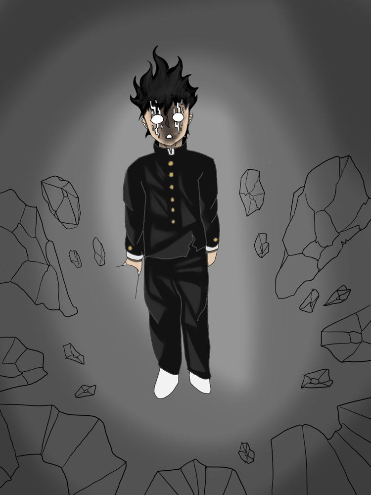Boy in a dark school uniform standing among floating rocks