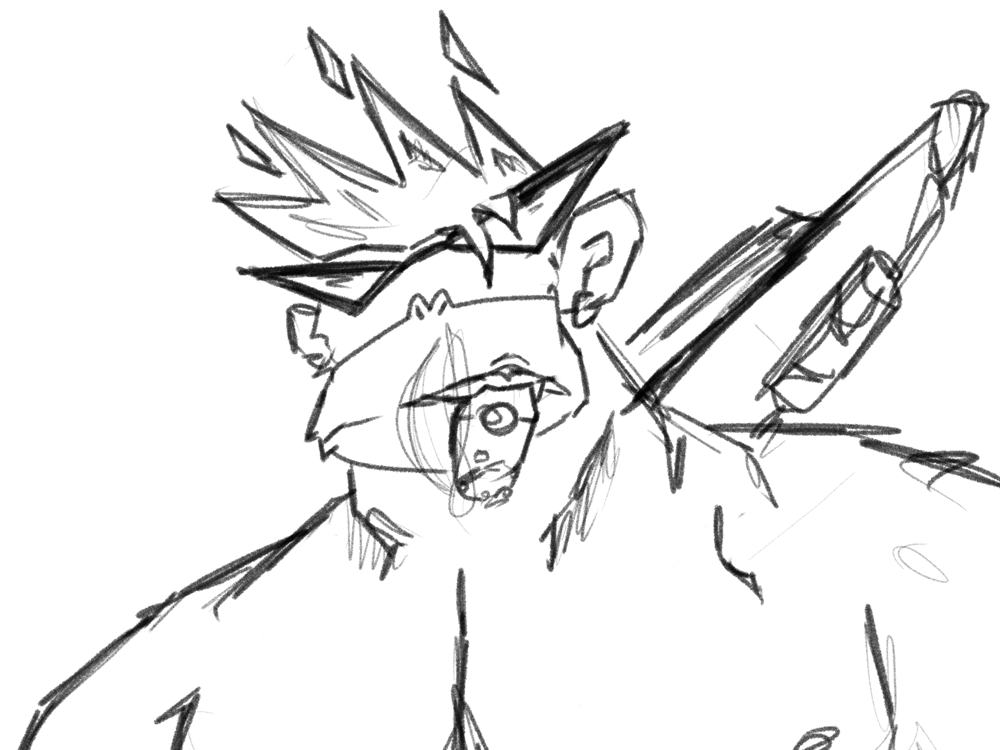 Rough sketch of a spiky-haired character with a sword