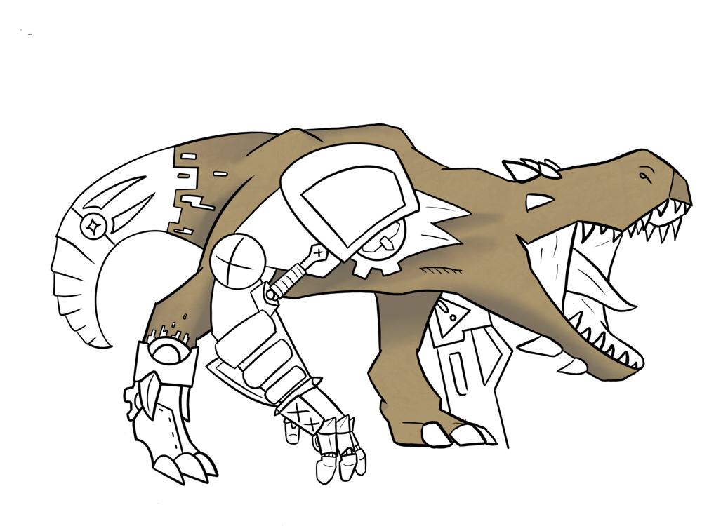Mechanical dinosaur with a brown body and metal parts