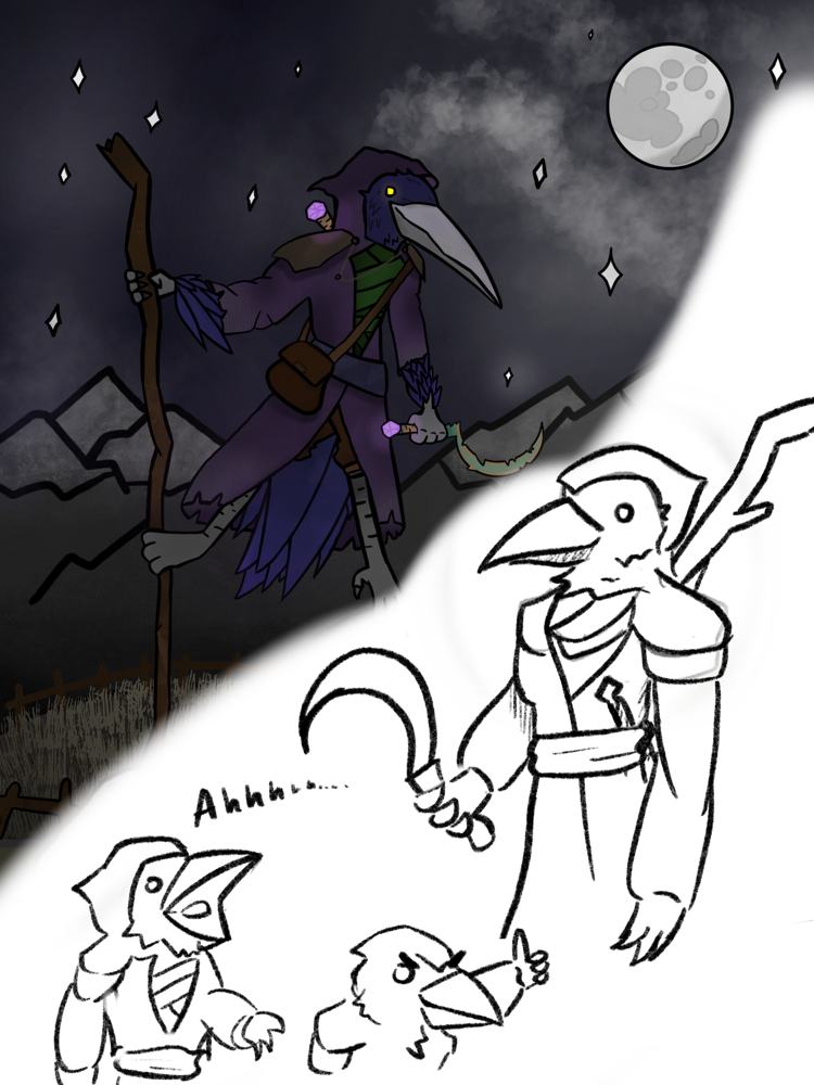 Plague doctor with a staff above a line sketch of bird characters