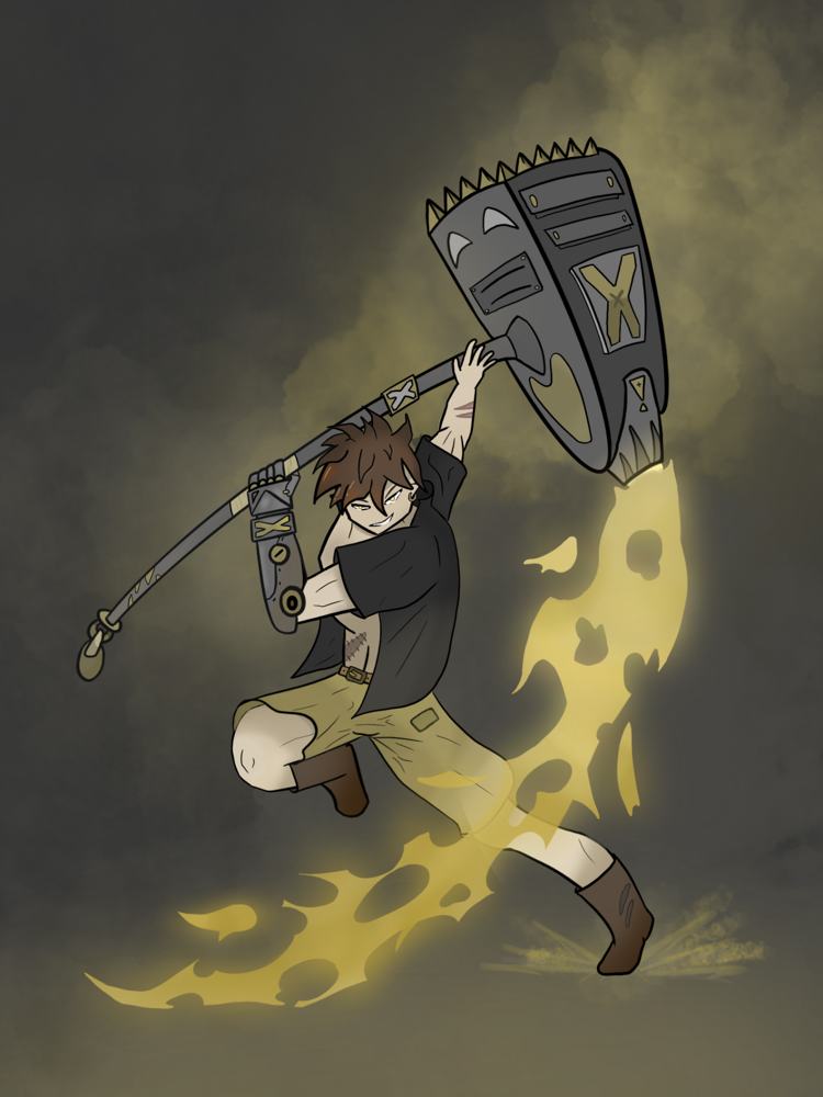 Character swinging a large shield with yellow smoke trailing