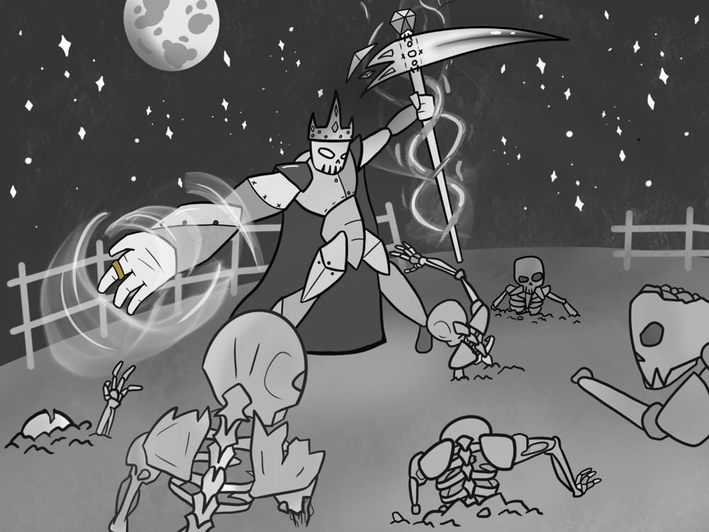 Crowned skeleton warrior with a scythe in a moonlit graveyard