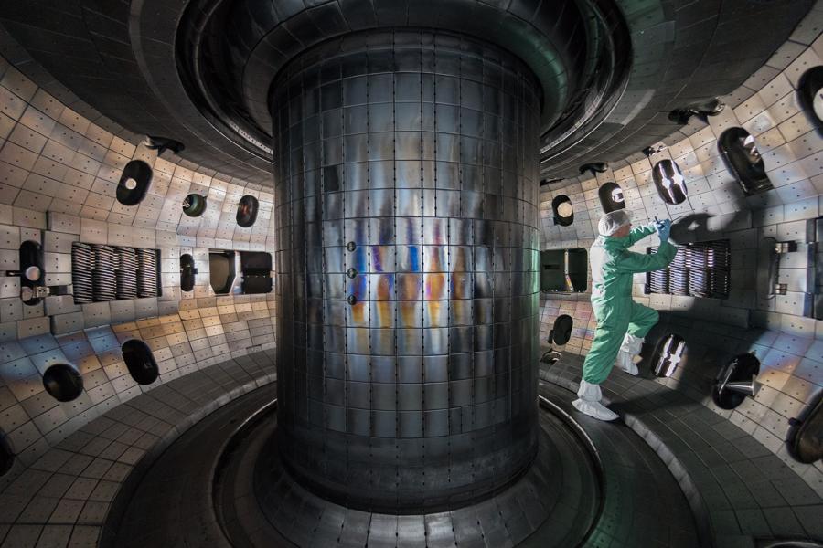 Interior of a tokamak with a technician for scale